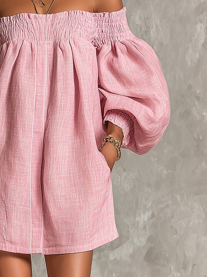 Abito Mini A-Line con Spalle Scoperte e Maniche a Lanterna Rosa