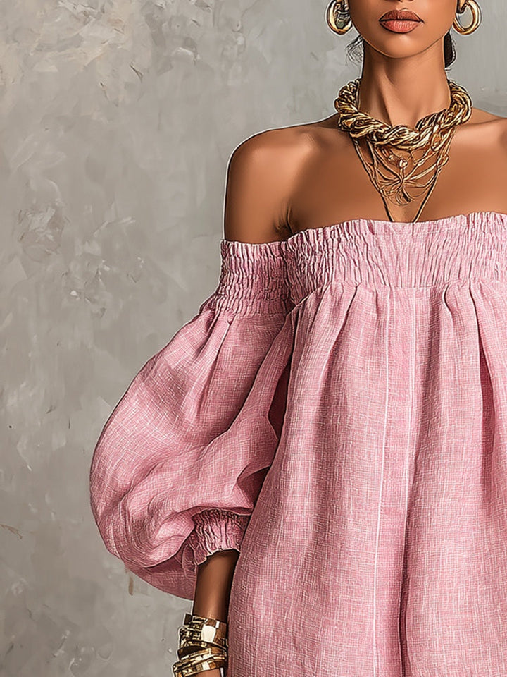 Abito Mini A-Line con Spalle Scoperte e Maniche a Lanterna Rosa