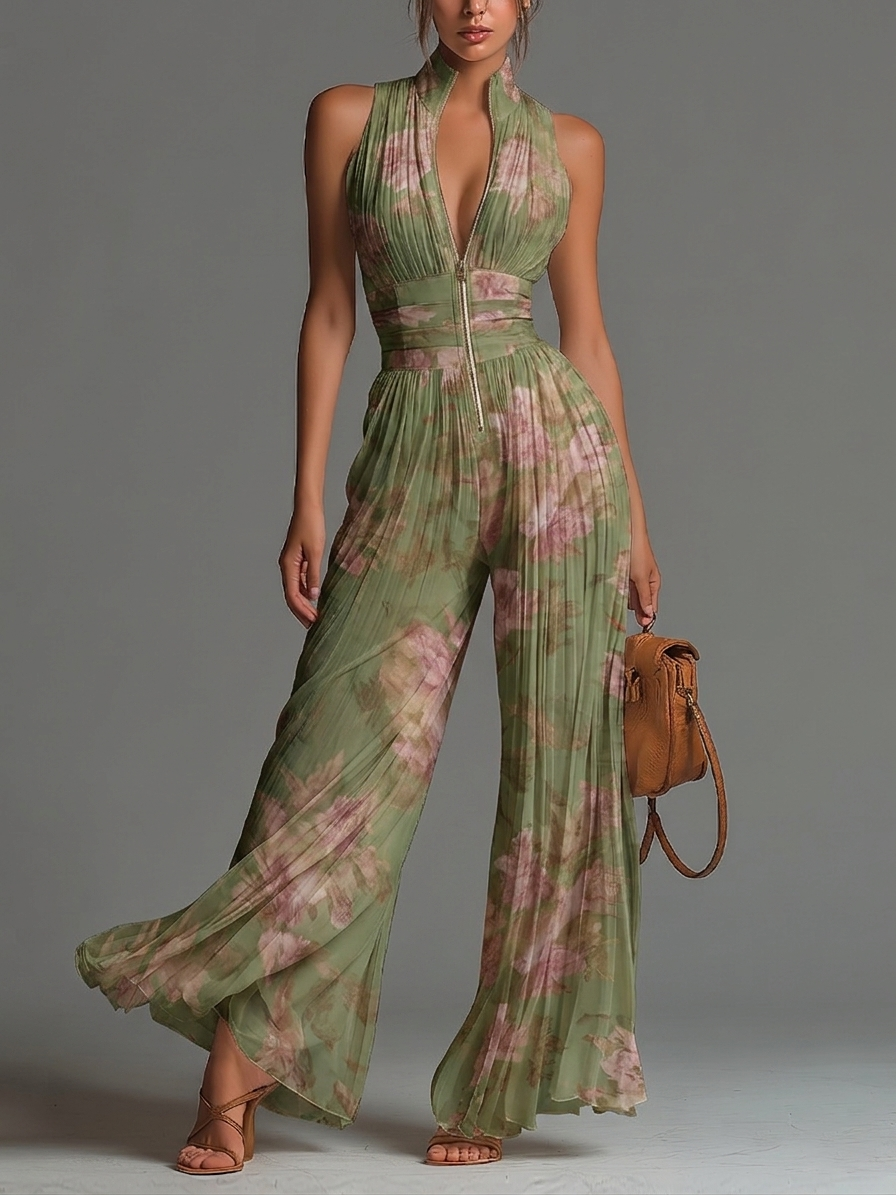 Tuta in Chiffon Verde Floreale con Scollo a V, Senza Maniche, con Zip e Pieghe, a Gamba Larga
