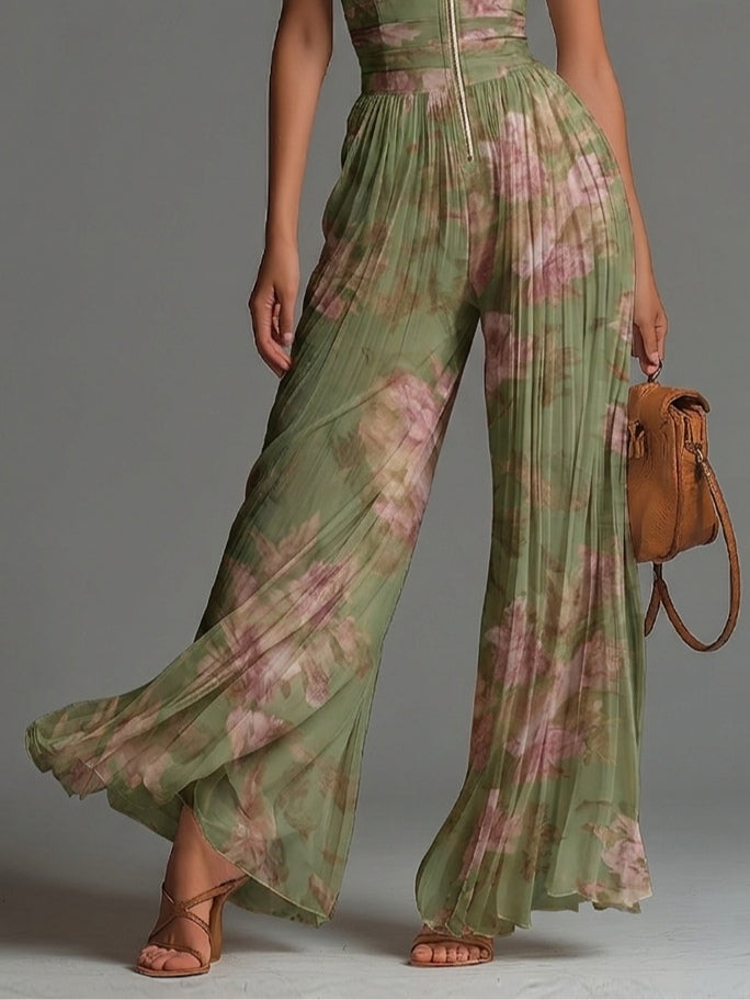 Tuta in Chiffon Verde Floreale con Scollo a V, Senza Maniche, con Zip e Pieghe, a Gamba Larga