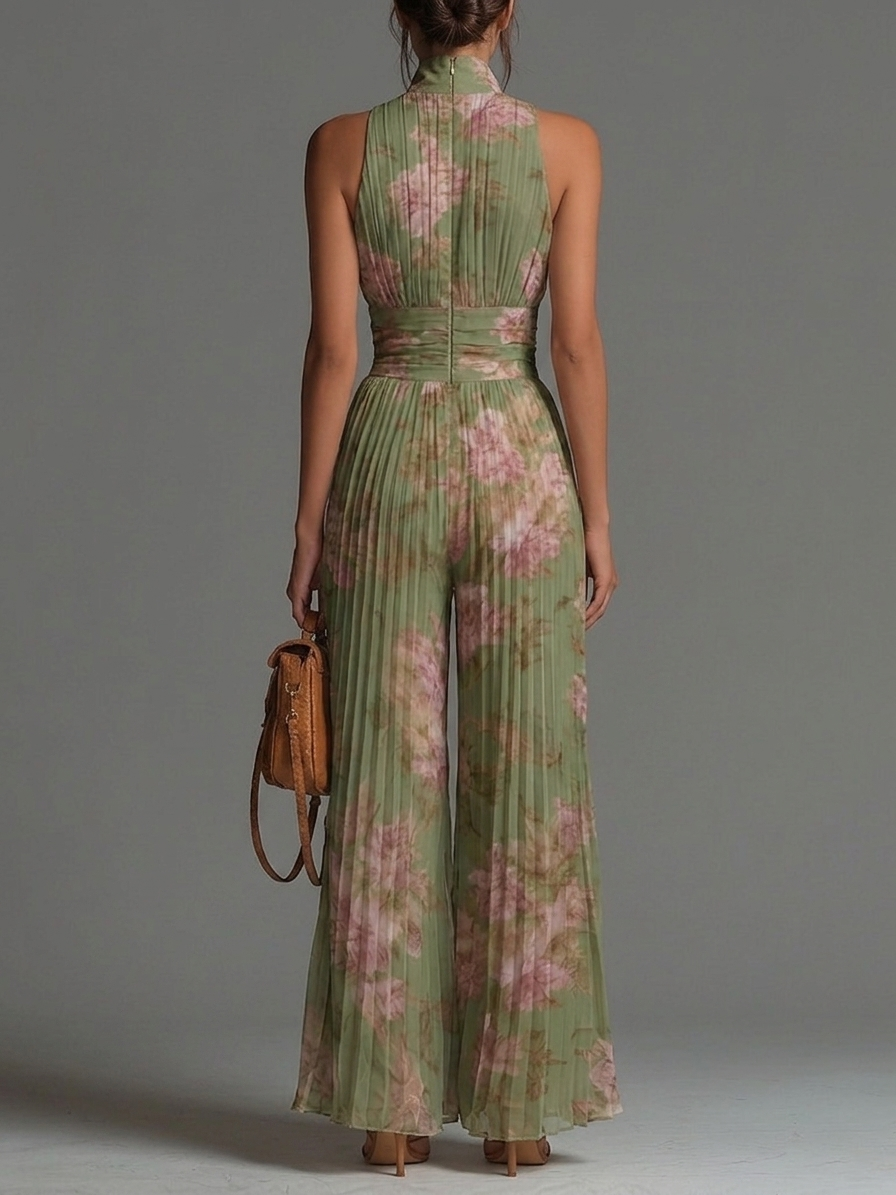 Tuta in Chiffon Verde Floreale con Scollo a V, Senza Maniche, con Zip e Pieghe, a Gamba Larga