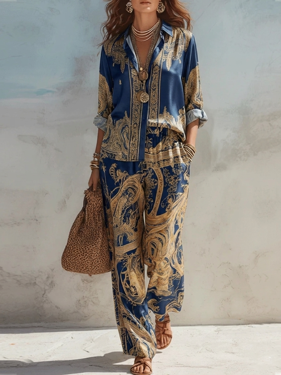 Camicia con Stampa Barocca Blu Navy e Pantaloni a Gamba Larga Set di Due Pezzi