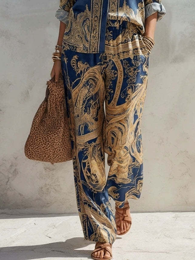 Camicia con Stampa Barocca Blu Navy e Pantaloni a Gamba Larga Set di Due Pezzi