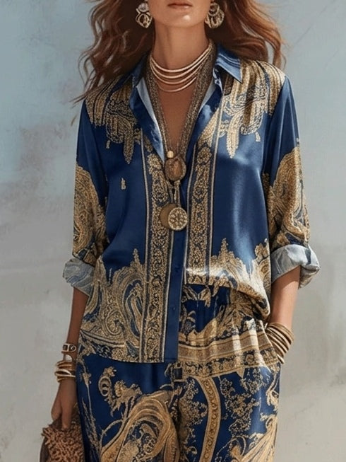 Camicia con Stampa Barocca Blu Navy e Pantaloni a Gamba Larga Set di Due Pezzi