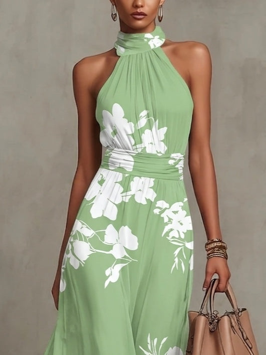 Abito Maxi A-line in Chiffon con Stampa Floreale Verde a Collo Halter