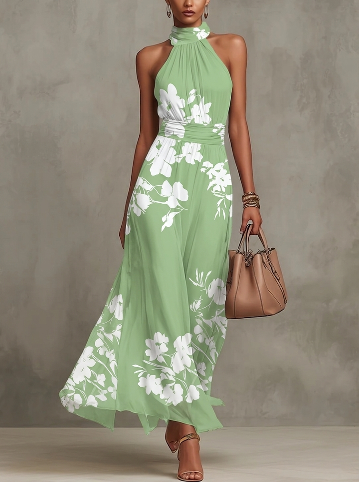 Abito Maxi A-line in Chiffon con Stampa Floreale Verde a Collo Halter