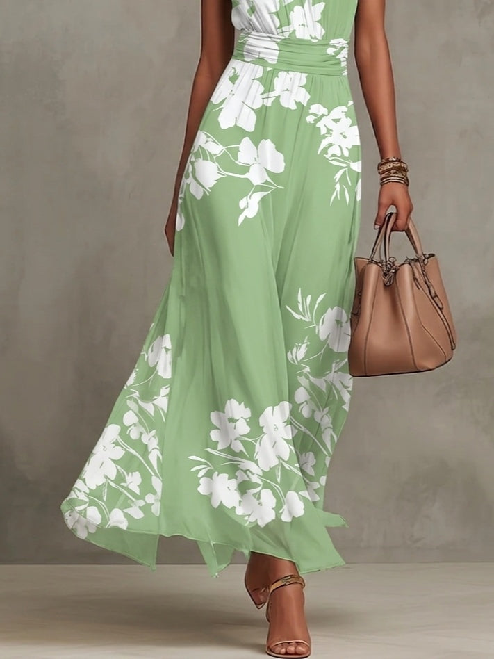 Abito Maxi A-line in Chiffon con Stampa Floreale Verde a Collo Halter