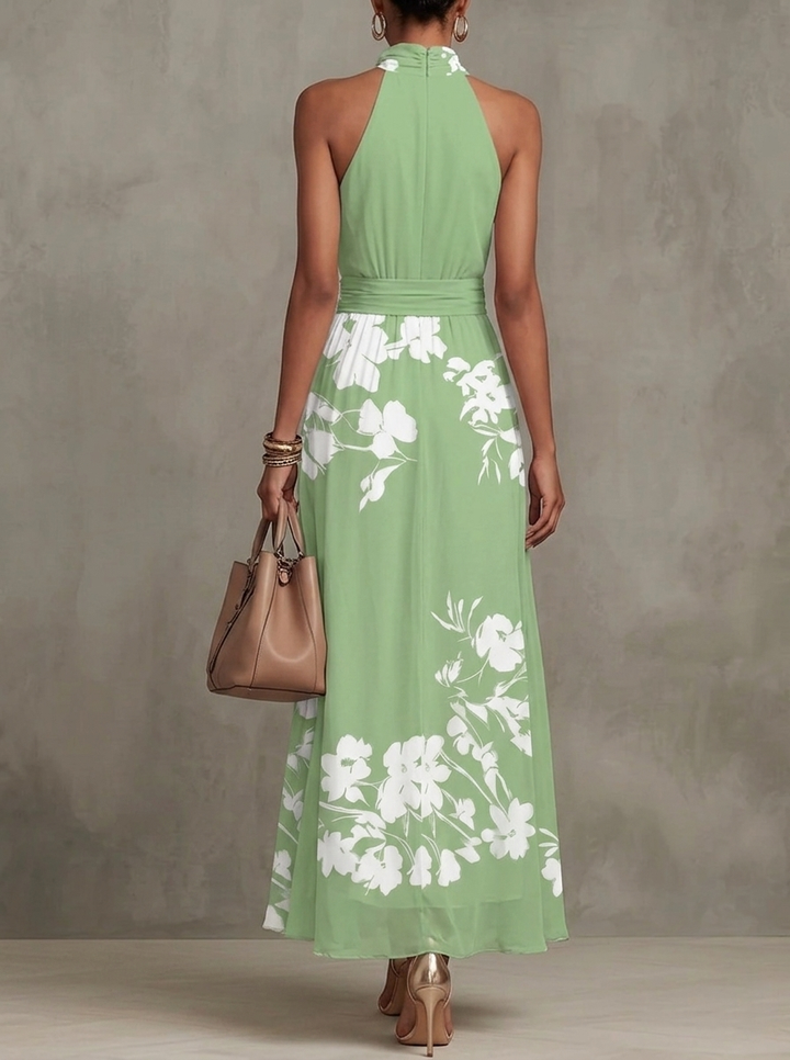 Abito Maxi A-line in Chiffon con Stampa Floreale Verde a Collo Halter