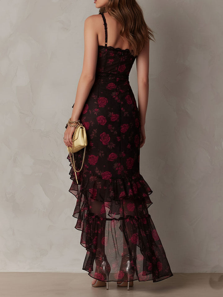 Abito Chic Nero e Rosso con Fiori e Rouches in Fondo