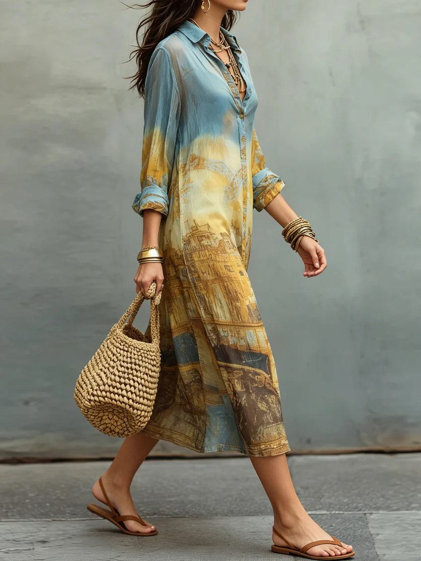 Abito midi in chiffon stampato con gradienti blu e giallo barocco