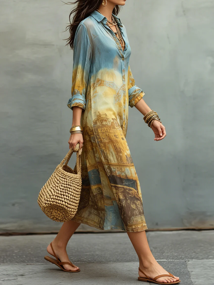 Abito midi in chiffon stampato con gradienti blu e giallo barocco
