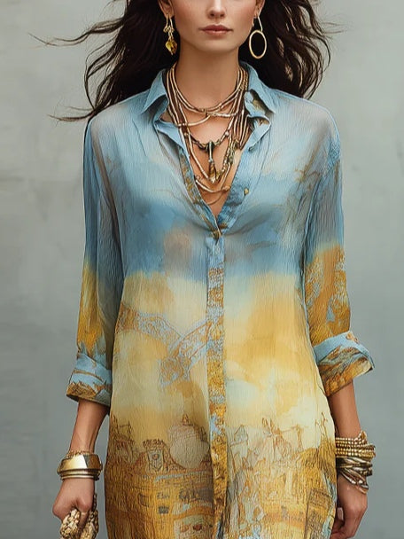 Abito midi in chiffon stampato con gradienti blu e giallo barocco