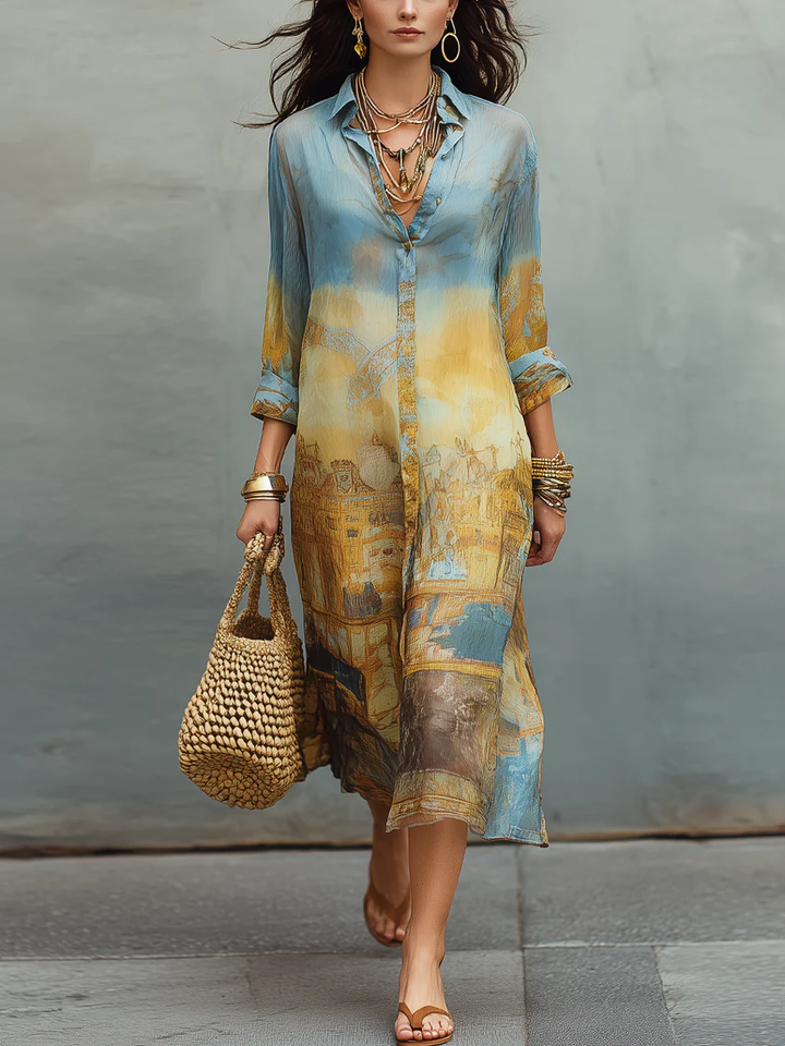 Abito midi in chiffon stampato con gradienti blu e giallo barocco