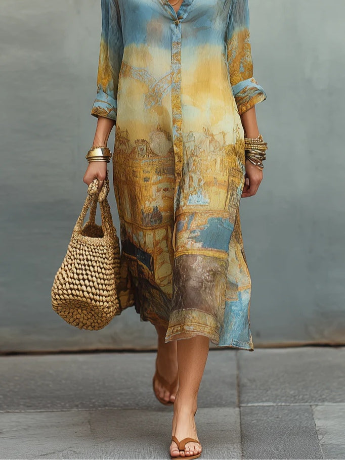 Abito midi in chiffon stampato con gradienti blu e giallo barocco