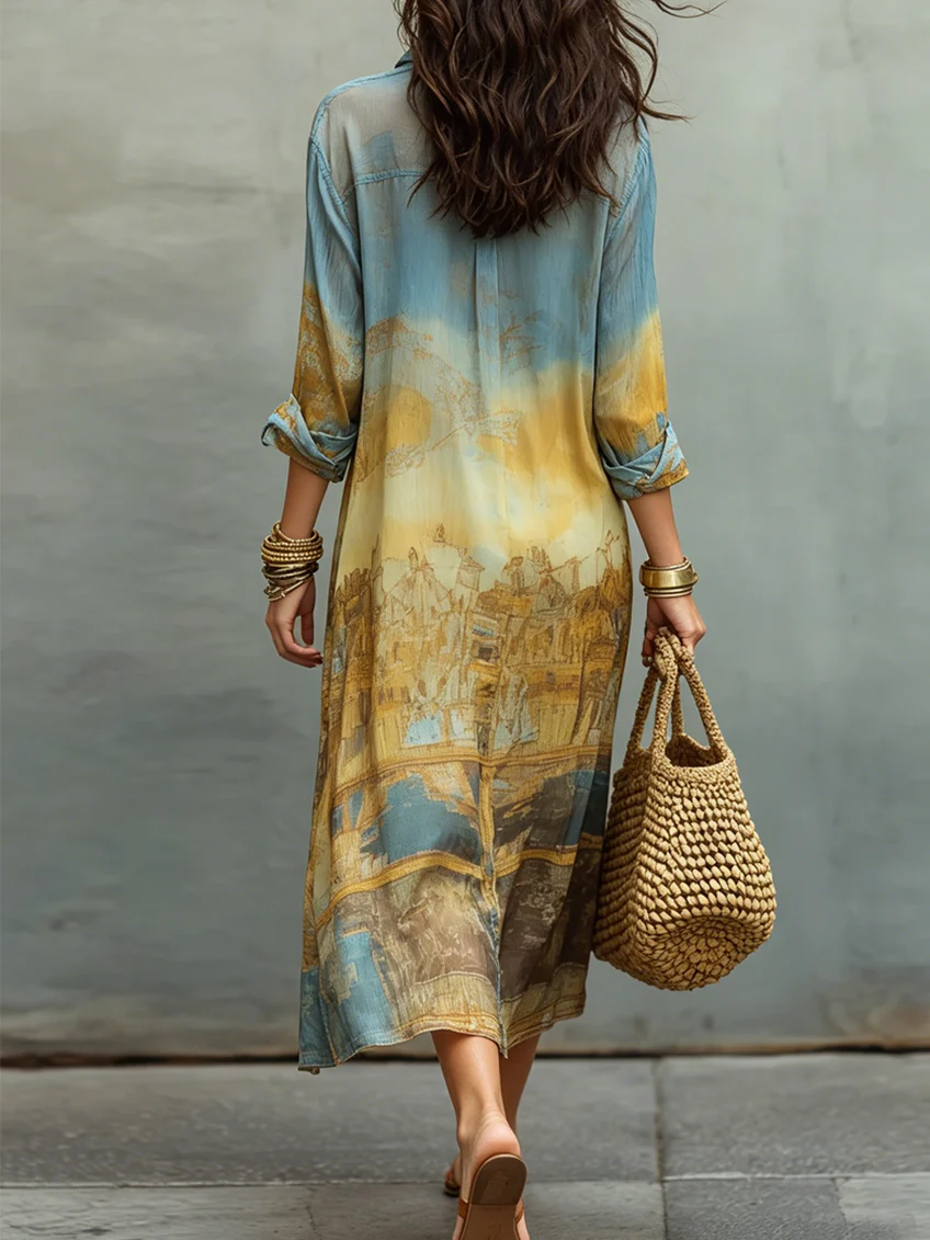 Abito midi in chiffon stampato con gradienti blu e giallo barocco