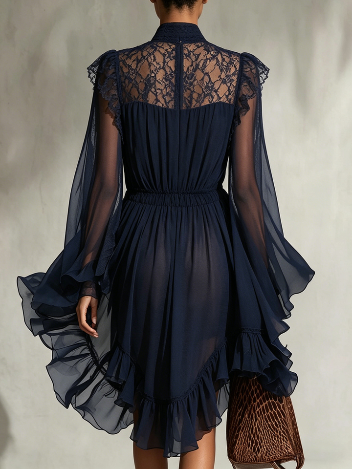 Abito Mini in Chiffon Trasparente con Collo a V e Pizzo Blu Navy