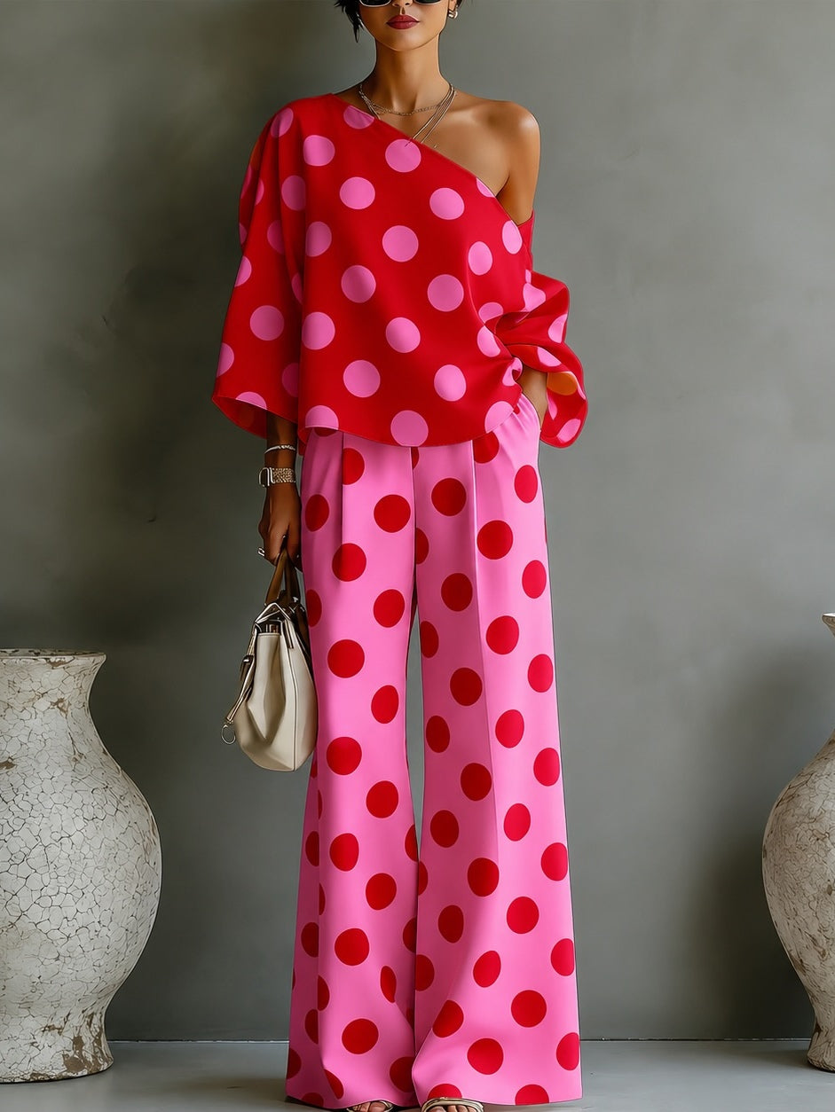 Top off-shoulder a pois rosa retro e pantaloni a gamba larga due pezzi