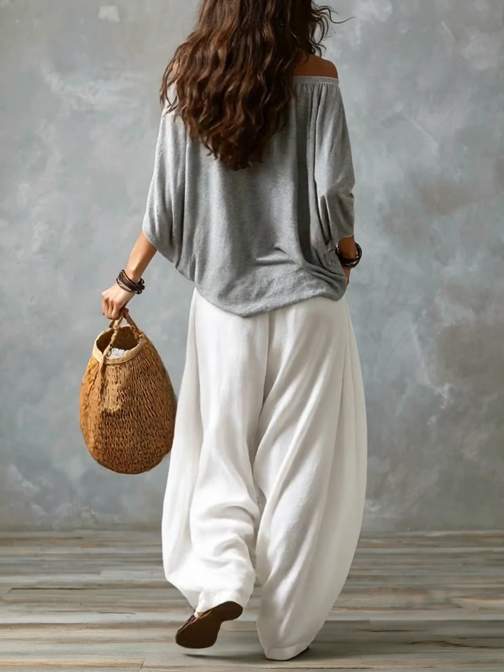 Top Grigio Off-shoulder e Pantaloni Lantern Bianchi a Vestibilità Larga