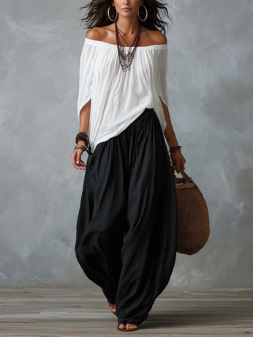 Top Bianco Off-shoulder e Set di Pantaloni Lantern Svasati