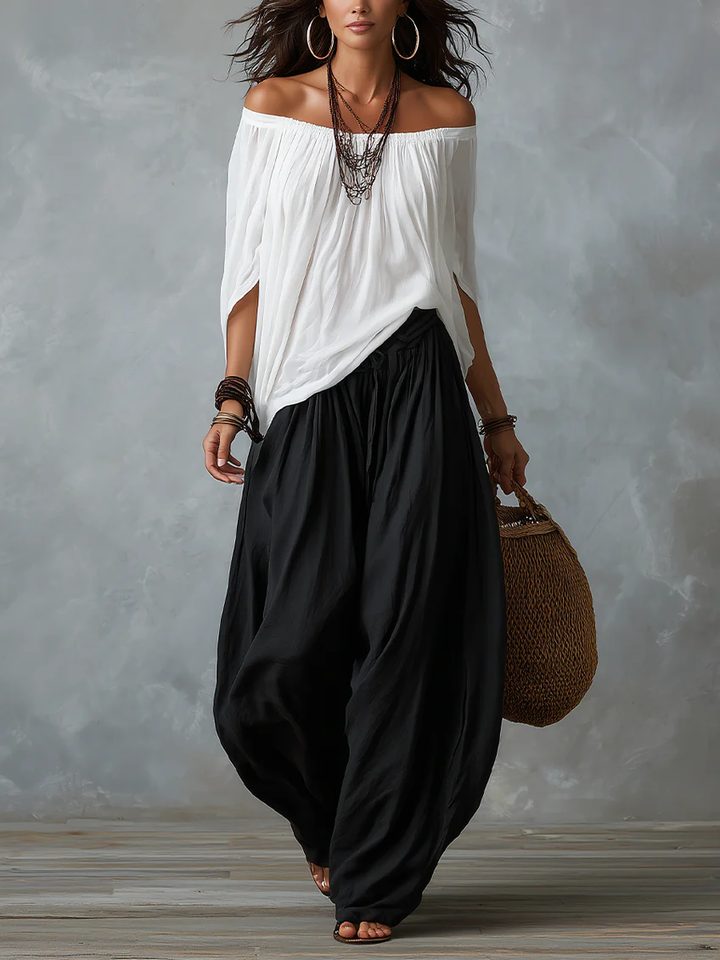 Top Bianco Off-shoulder e Set di Pantaloni Lantern Svasati