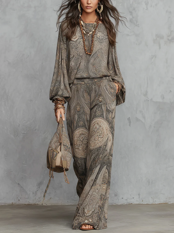Top con maniche a lanterna e pantaloni a gamba larga con motivo paisley grigio
