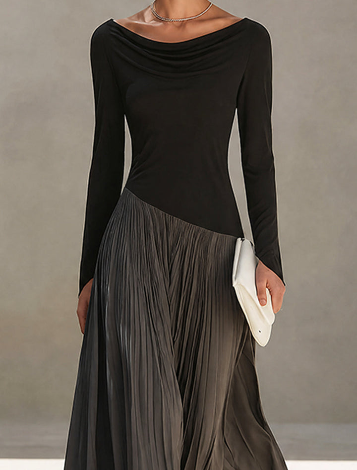 Abito Maxi Plissettato con Collo Drappeggiato in Nero e Grigio Bicolore