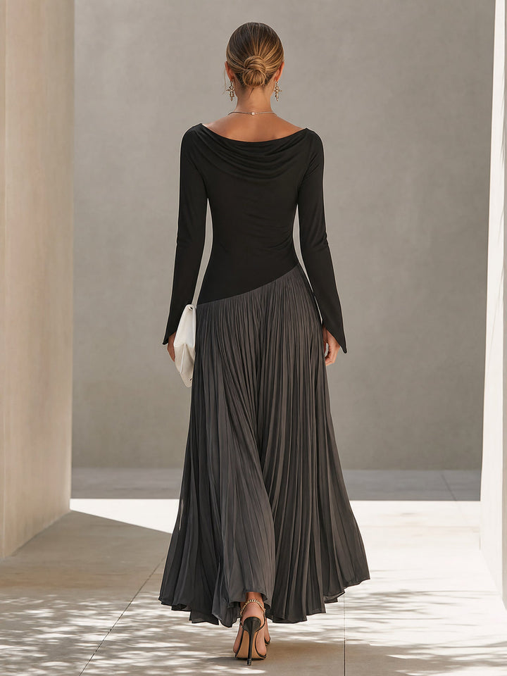 Abito Maxi Plissettato con Collo Drappeggiato in Nero e Grigio Bicolore
