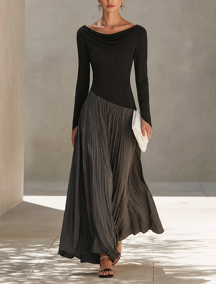Abito Maxi Plissettato con Collo Drappeggiato in Nero e Grigio Bicolore