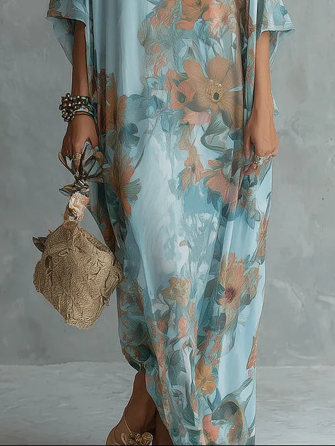 Abito lungo floreale a stampa blu cielo bohemien