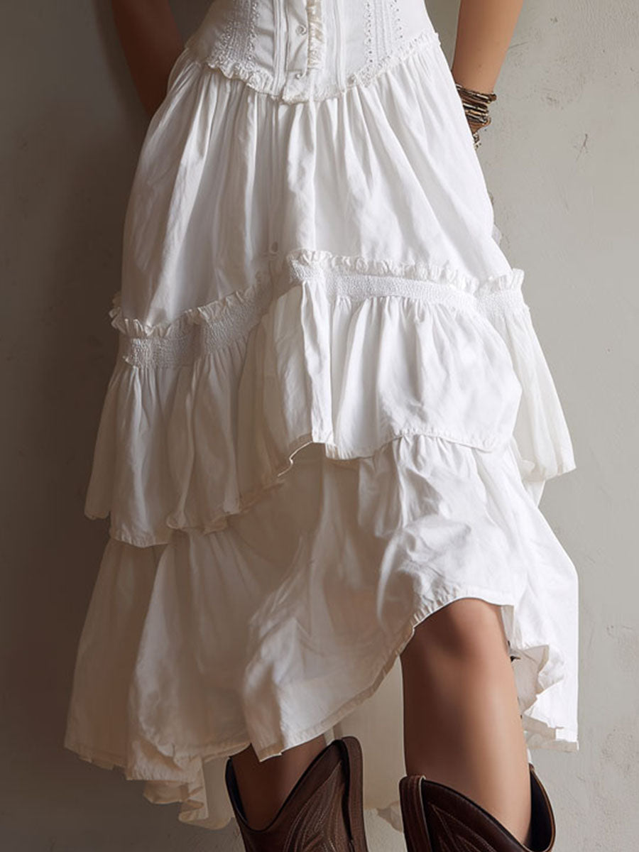 Abito Midi a Balze in Stile Retro Boho con Pizzo