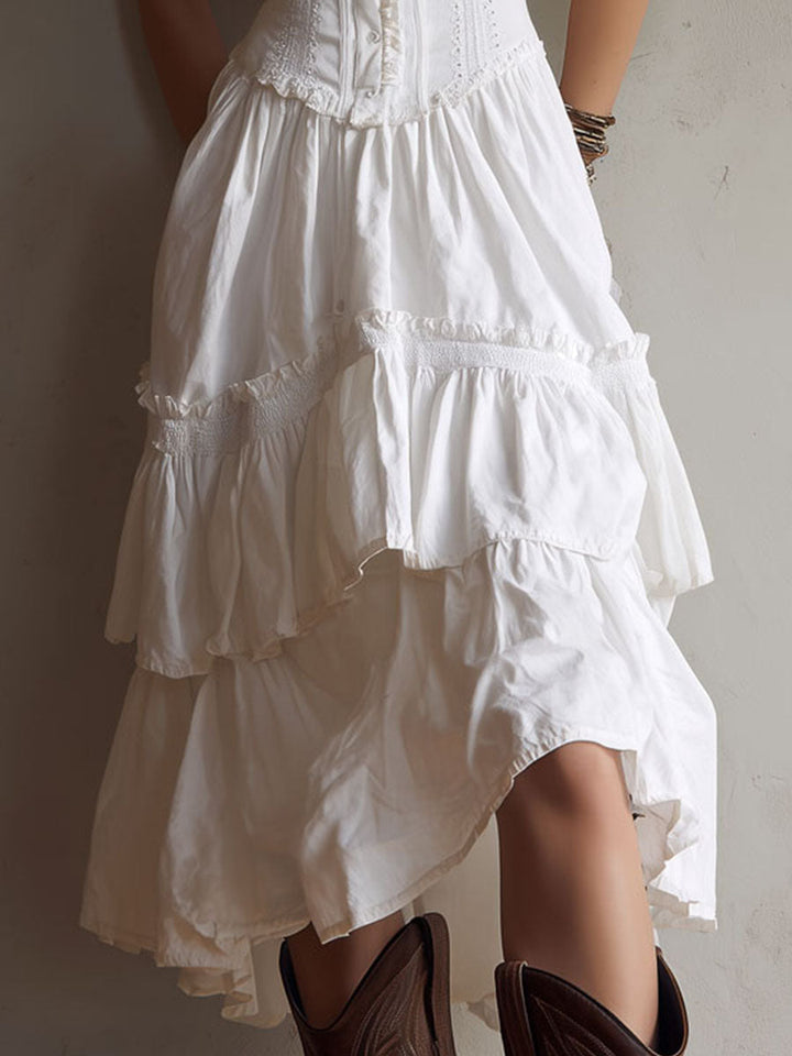 Abito Midi a Balze in Stile Retro Boho con Pizzo