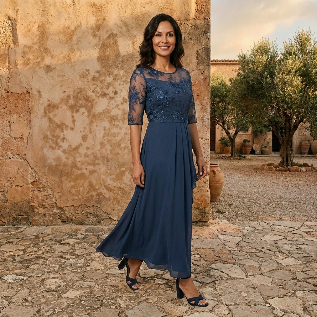 Morena | Vestito lungo in chiffon con corpetto in pizzo