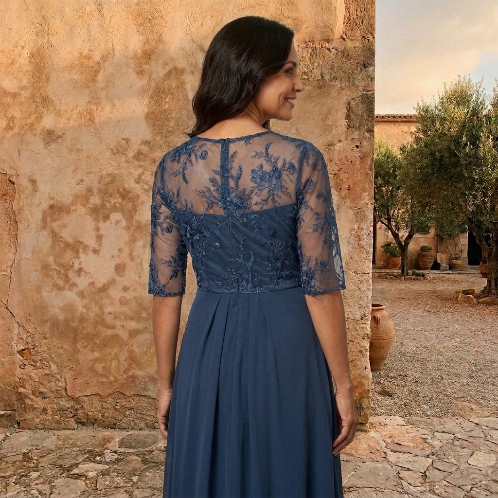 Morena | Vestito lungo in chiffon con corpetto in pizzo