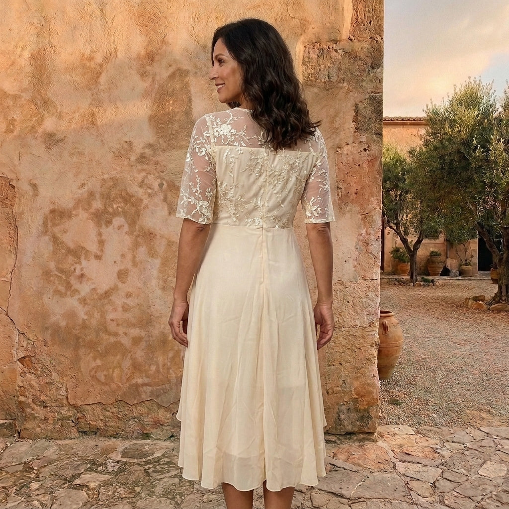 Morena | Vestito lungo in chiffon con corpetto in pizzo