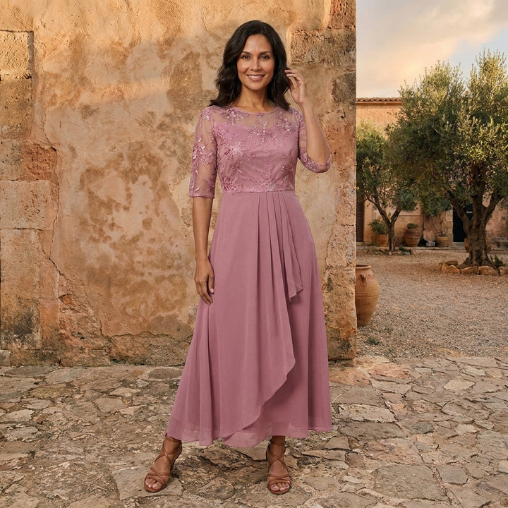 Morena | Vestito lungo in chiffon con corpetto in pizzo