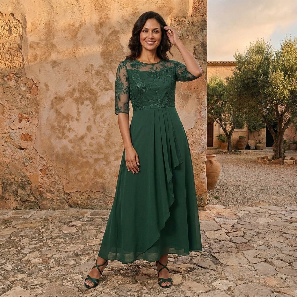 Morena | Vestito lungo in chiffon con corpetto in pizzo