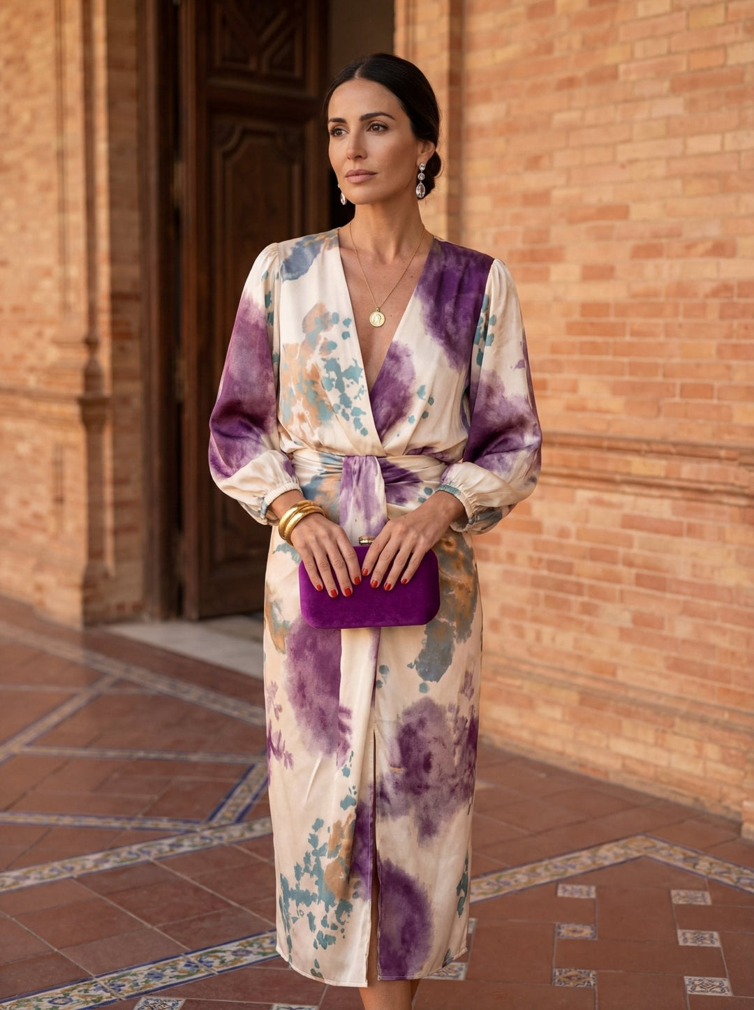 Olivia | Vestito midi stampato con scollo a V e cintura
