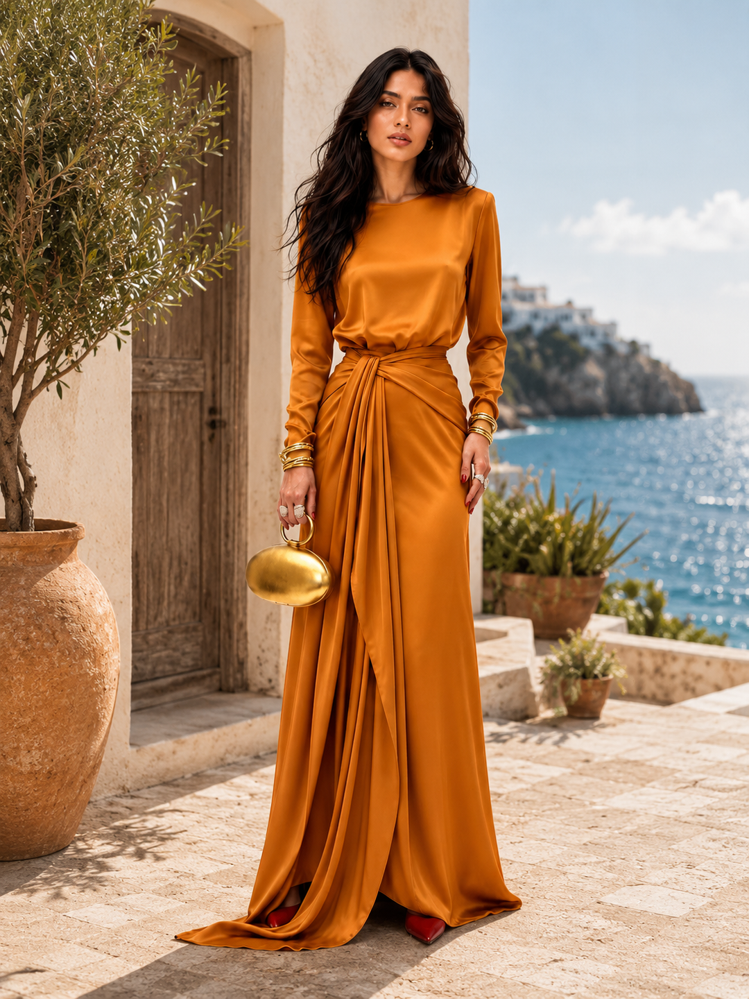 Sveva | Vestito lungo effetto raso drappeggiato