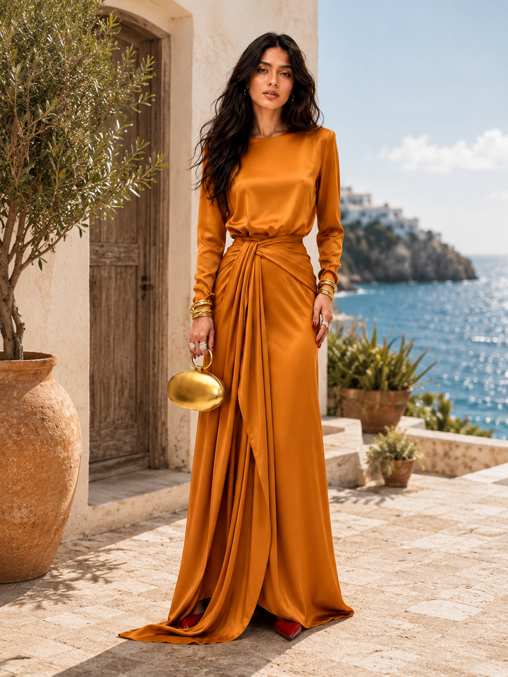 Sveva | Vestito lungo effetto raso drappeggiato