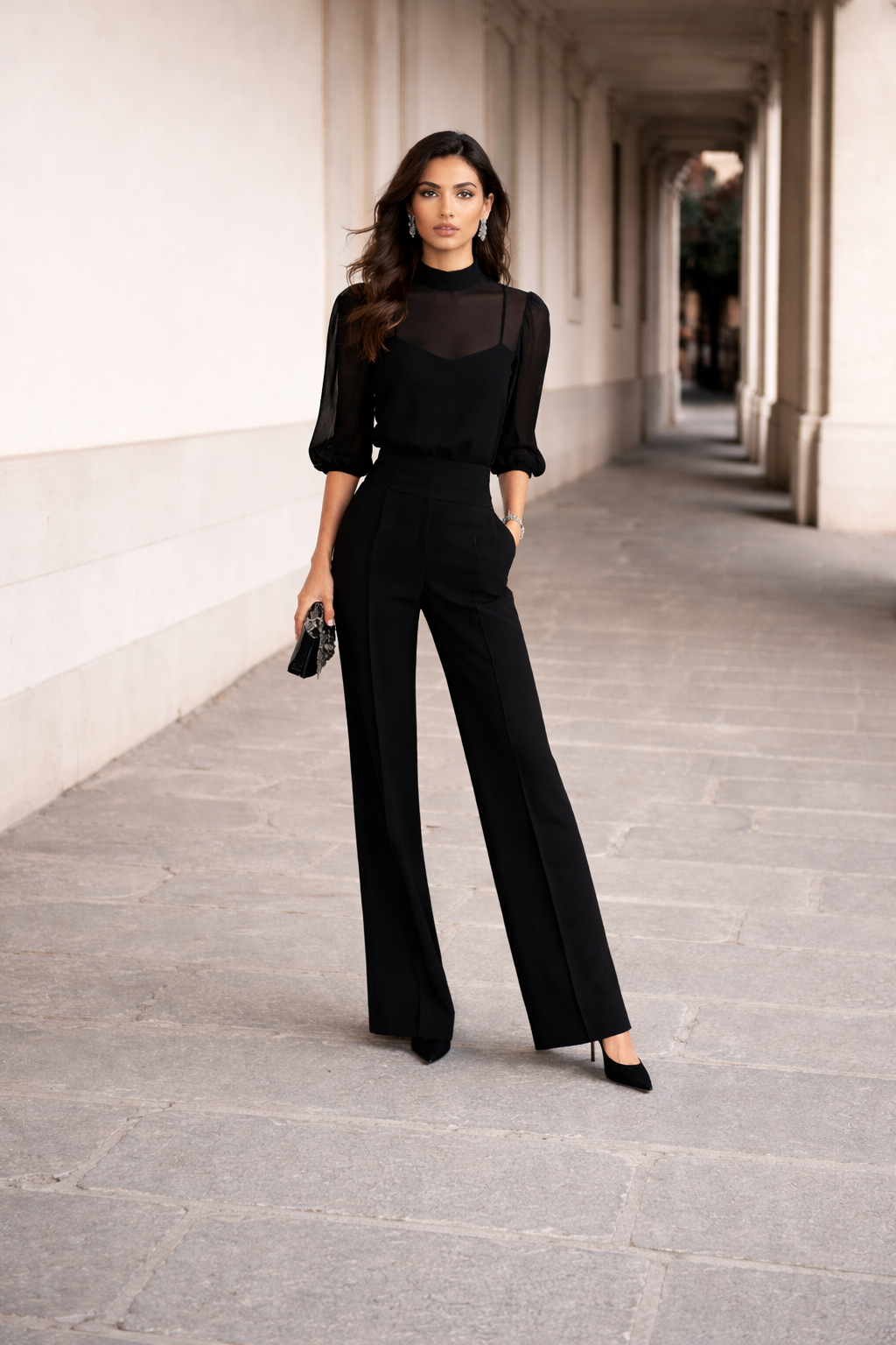Valentina | Set di Tre Pezzi Comprendente una Canotta Trasparente e Pantaloni a Gamba Larga.