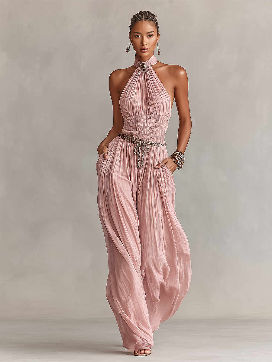 Margaux - Tuta Plissettata Donna in Rosa con Collo Halter & Vita Arricciata