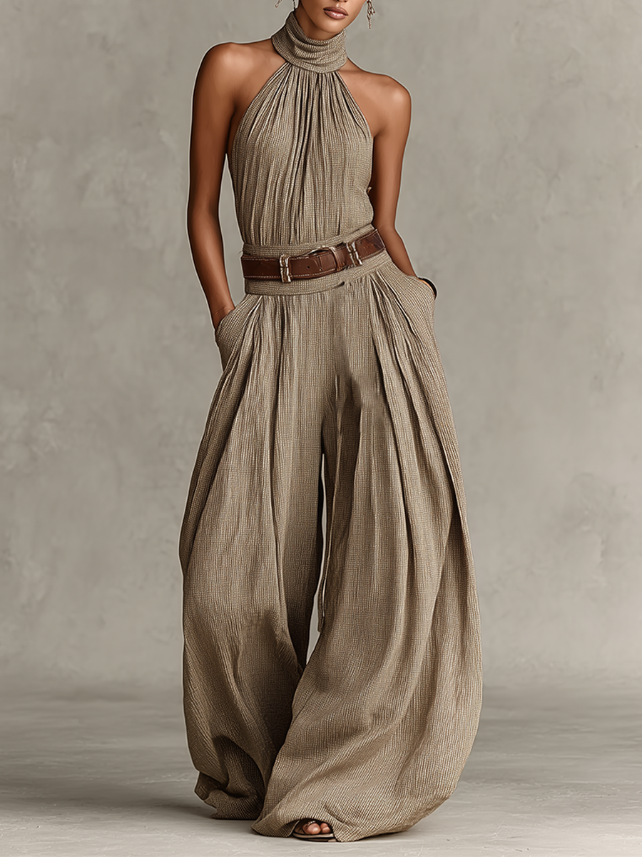 Lucie - Tuta da donna color taupe con colletto a halter e vestibilità aderente
