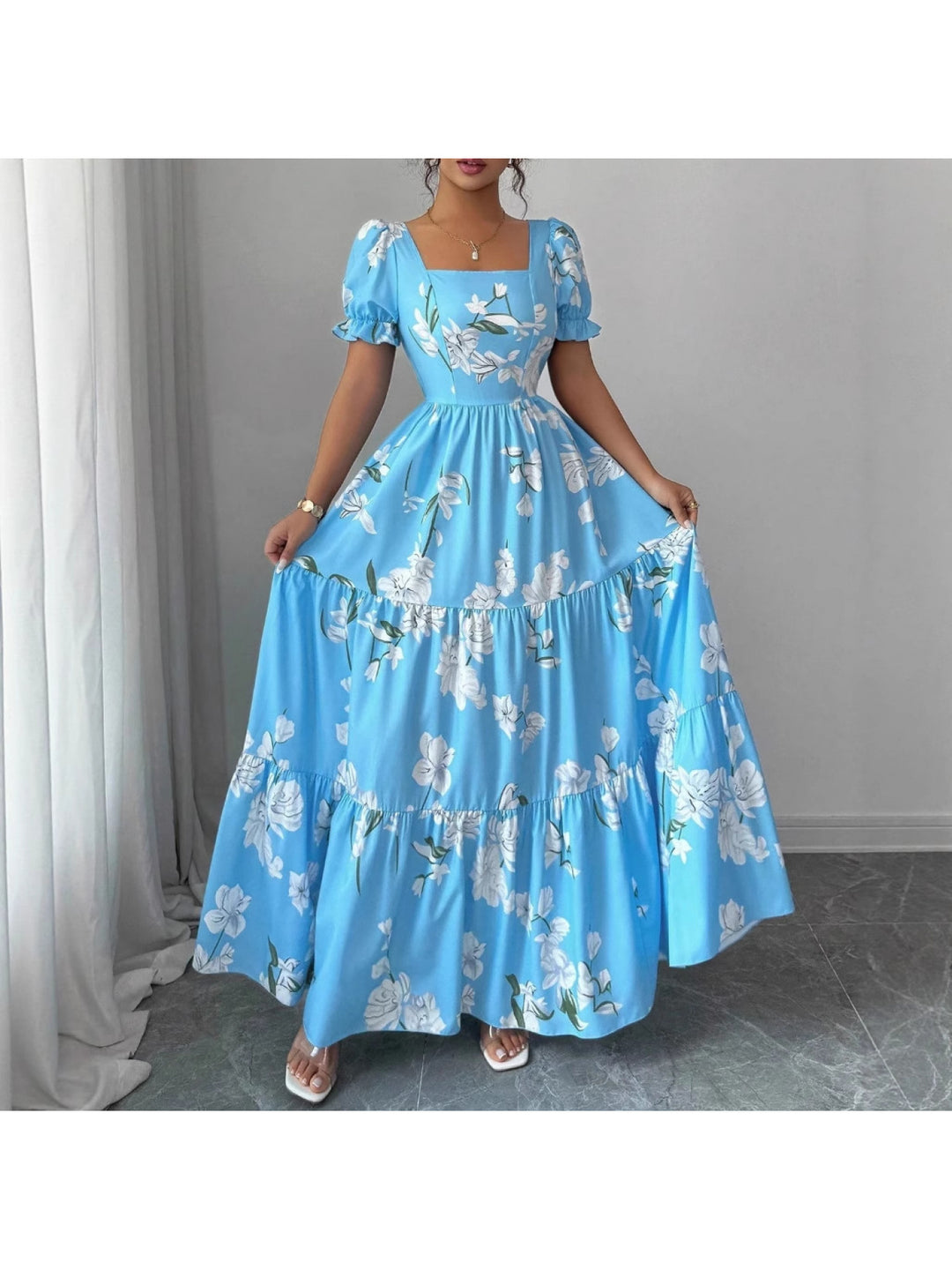 2026 New Arrival Fashionable Elegant Square- Neck Floral Print Dress