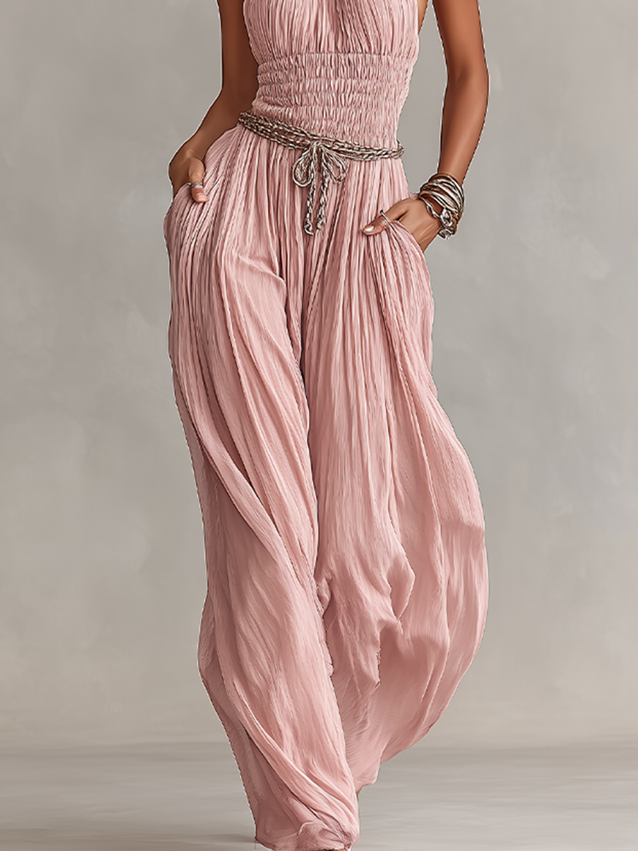 Margaux - Tuta Plissettata Donna in Rosa con Collo Halter & Vita Arricciata