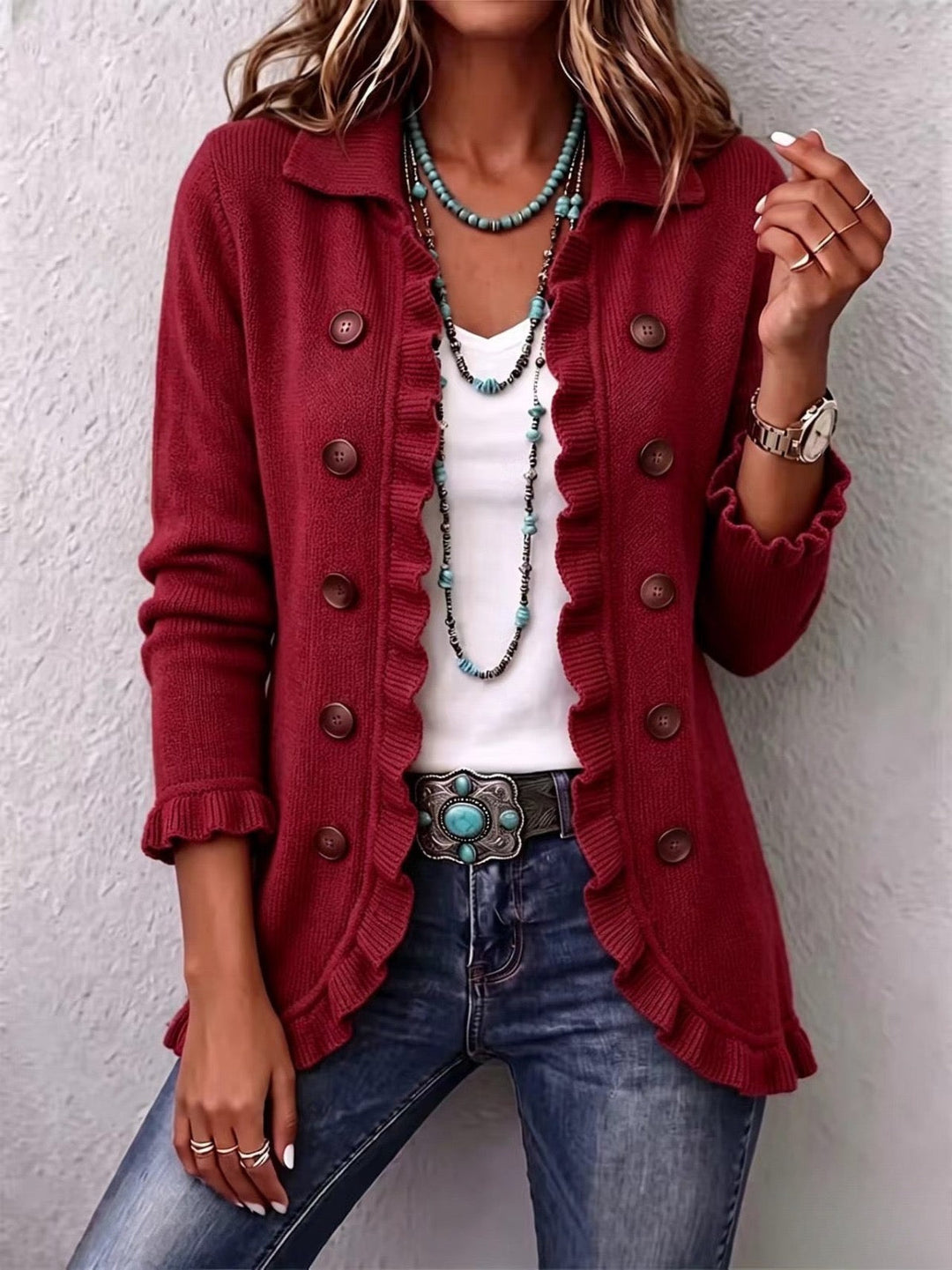 Rosalie | Giacca in Maglia Rossa Rubino con Rouches