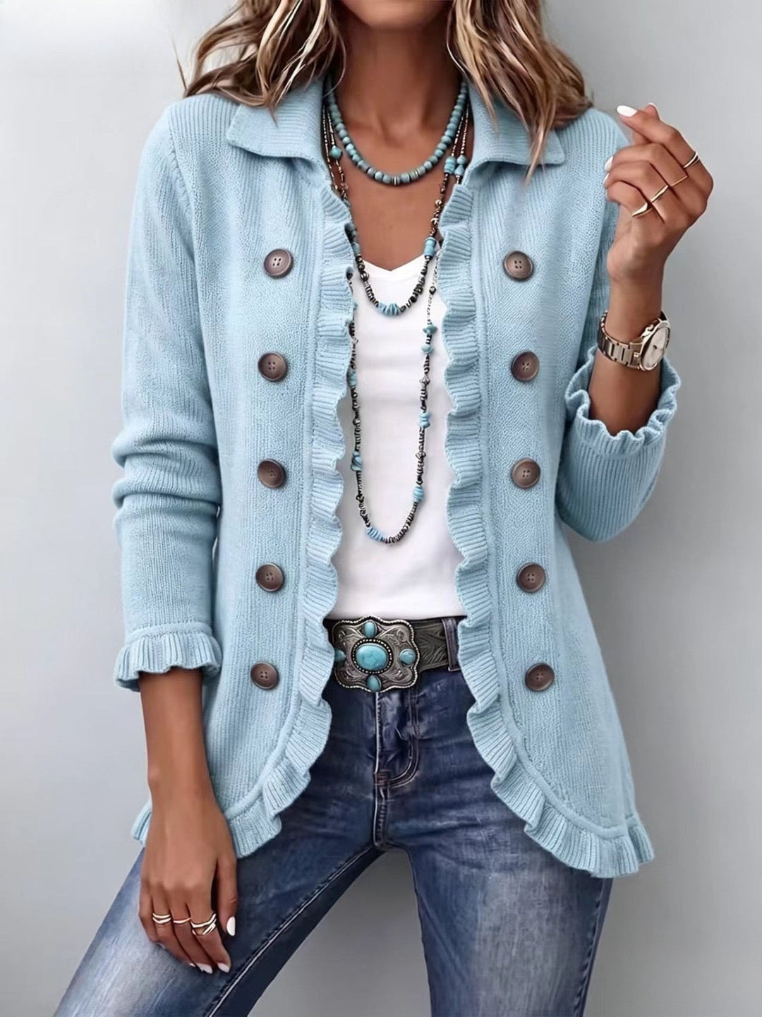 Cecilia | Giacca a Righe in Maglia Blu Polvere con Volant