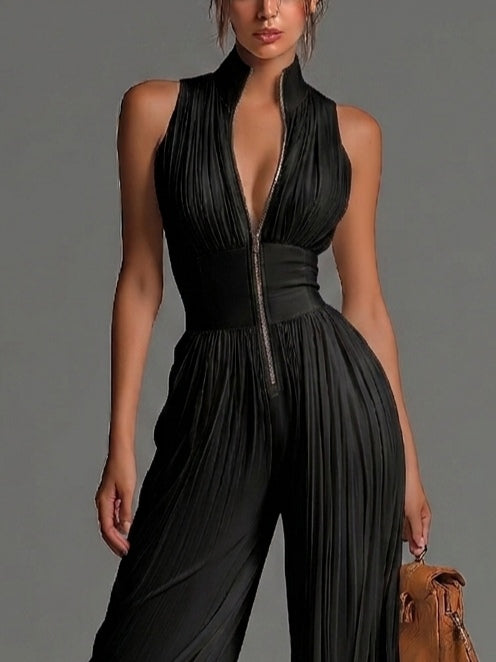 Tuta in Chiffon Nera Senza Maniche con Zip, Scollo a V e Pieghe, Pantaloni a Gamba Larga