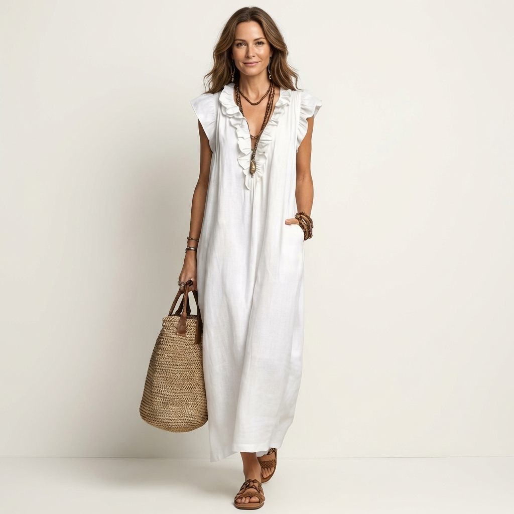 Josette | Abito Maxi in Lino con Volant e Scollatura a V