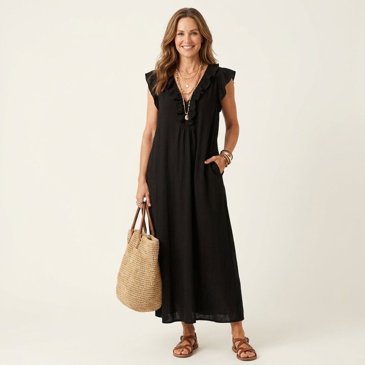 Josette | Abito Maxi in Lino con Volant e Scollatura a V