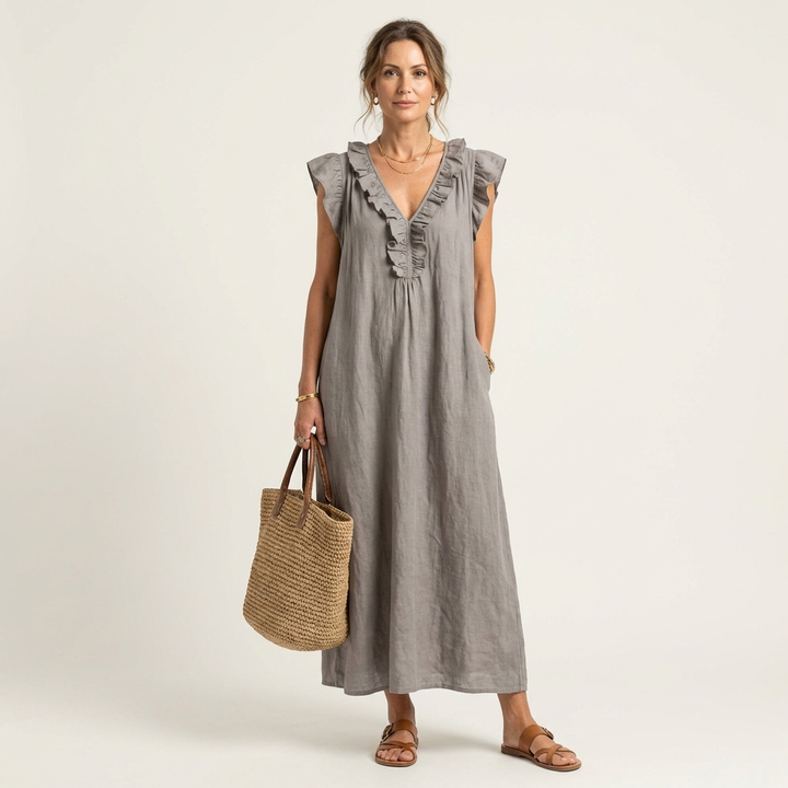 Josette | Abito Maxi in Lino con Volant e Scollatura a V